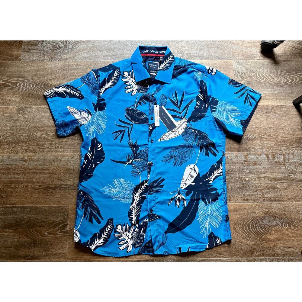 NWT Men’s Silver Stone Tropical Blue Short Sleeve Button Up Top Size 2XL